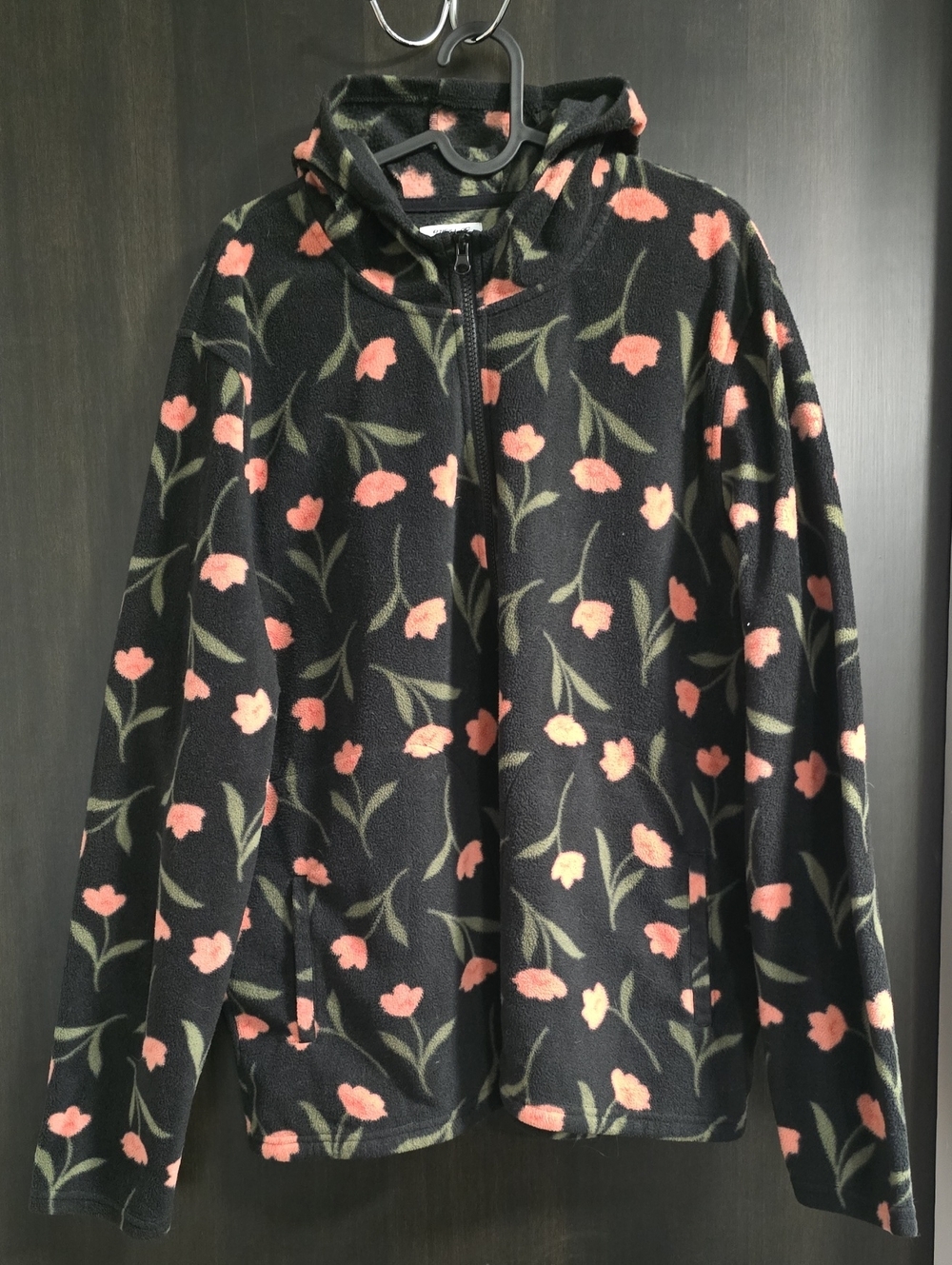 O'Neill Black Zip-Up Teddy Jacket with Pink Floral Print, XL